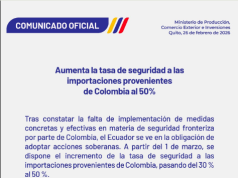 Ecuador eleva al 50% la tasa de seguridad a importaciones provenientes de Colombia