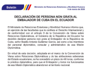 Ecuador declara persona “non grata” al embajador de Cuba y da 48 horas para que la misión abandone el país