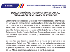 Ecuador declara persona “non grata” al embajador de Cuba y da 48 horas para que la misión abandone el país