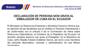 Ecuador declara persona “non grata” al embajador de Cuba y da 48 horas para que la misión abandone el país